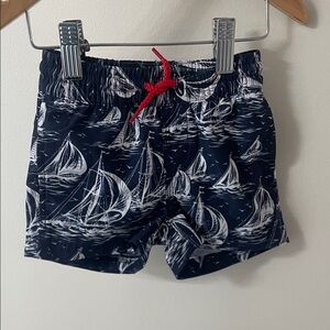 Navy Sailboat Print Swim Shorts with Red Drawstring TBBC NWT size 0-6 months